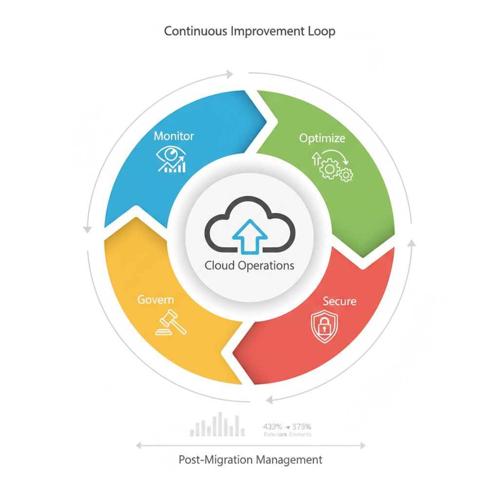 A diagram showing a cyclical process of continuous improvement for cloud operations, including stages like 