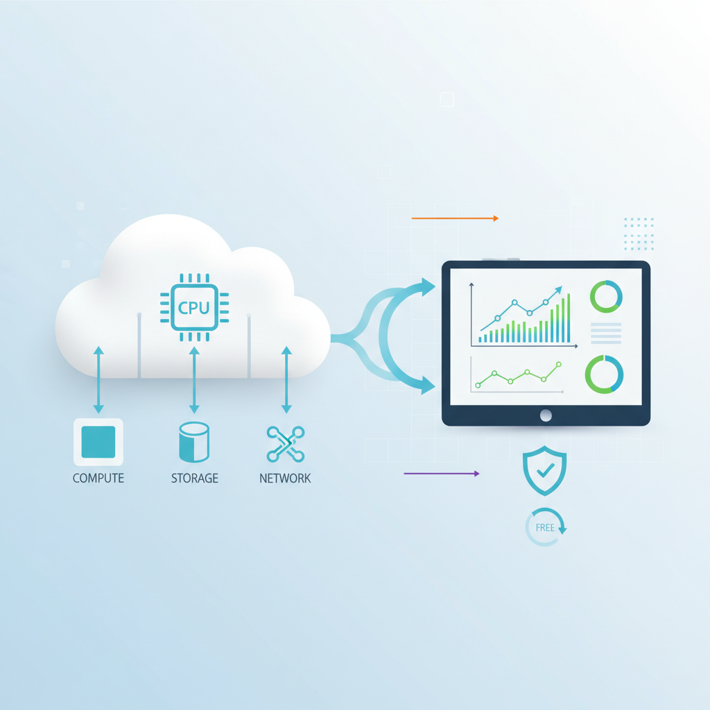 A diagram showing a cloud environment with various services (compute, storage, network) and arrows pointing to a monitor screen displaying metrics, symbolizing free cloud SLA monitoring.