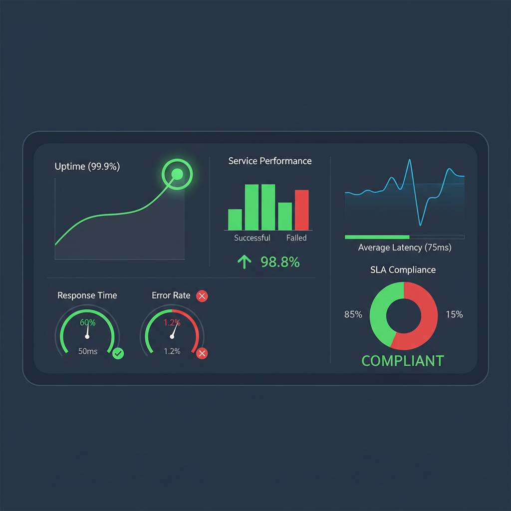 A dashboard with various graphs and charts showing uptime, response times, and error rates, with clear green and red indicators, representing effective SLA monitoring data visualization.