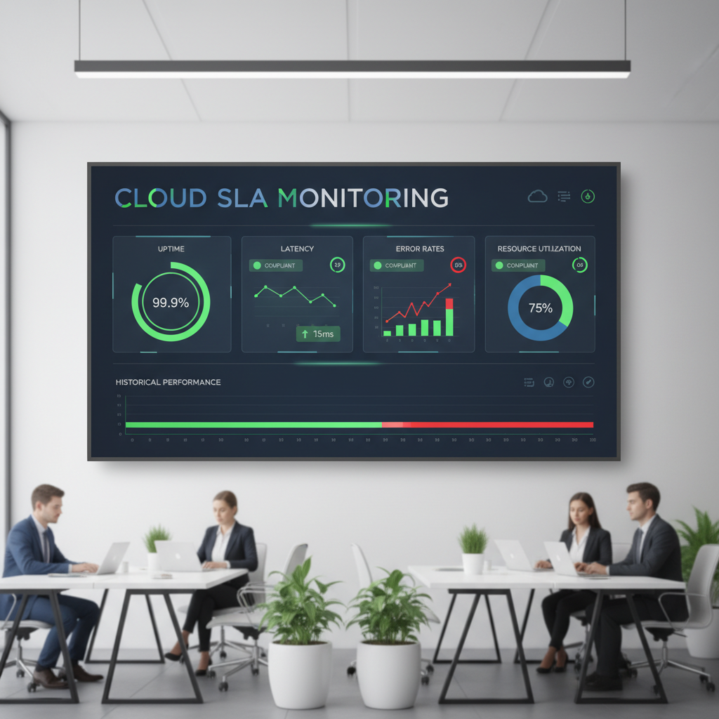 A dashboard displaying various cloud SLA monitoring metrics like uptime, latency, error rates, and resource utilization, with a clear indication of green (compliant) and red (breach) status indicators.