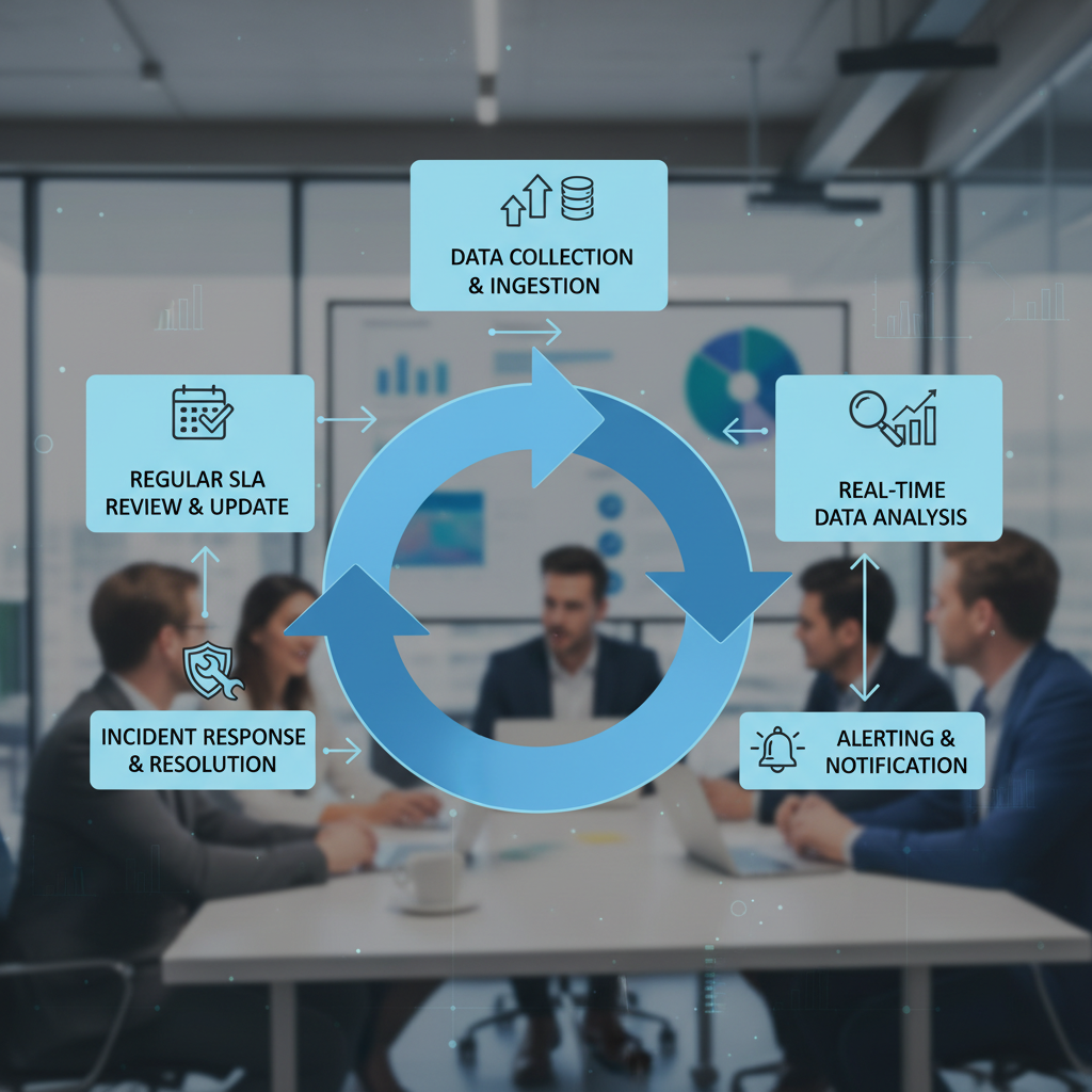 A flowchart illustrating the continuous process of cloud SLA monitoring, from data collection and analysis to alerting, incident response, and regular SLA review and update cycles.
