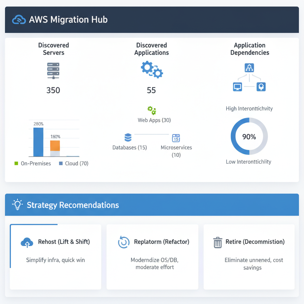 A dashboard screenshot of AWS Migration Hub showing discovered servers, applications, and their dependencies, with a section highlighting strategy recommendations.