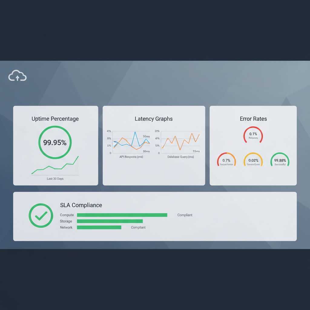 A dashboard displaying various cloud service metrics like uptime percentage, latency graphs, and error rates, with a green checkmark indicating SLA compliance.