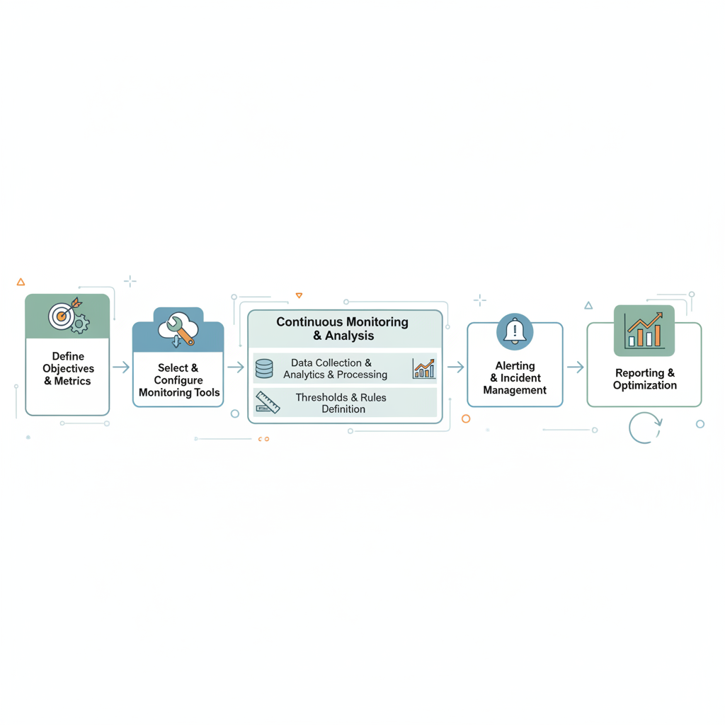 A flowchart illustrating the Cloud SLA monitoring process, starting from defining objectives, moving through tool selection and configuration, to alerting and reporting.