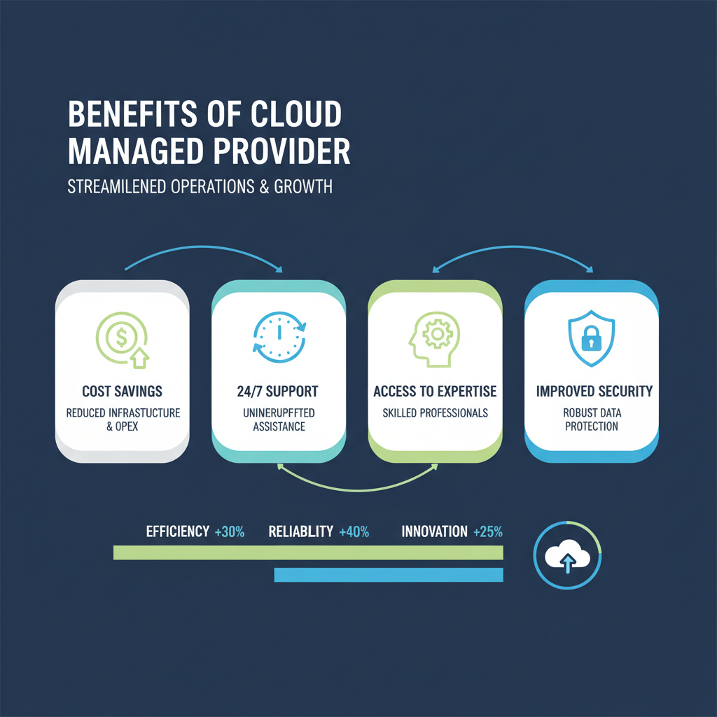 A detailed infographic showing different benefits of using a cloud managed provider, such as cost savings, 24/7 support, access to expertise, and improved security, depicted with relevant icons.