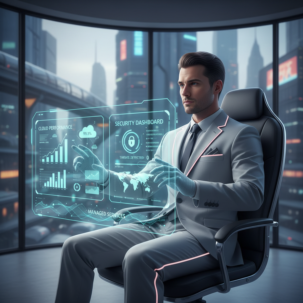 A modern, futuristic office worker interacting with a holographic interface displaying cloud performance metrics and security dashboards, symbolizing advanced cloud managed services in 2026.
