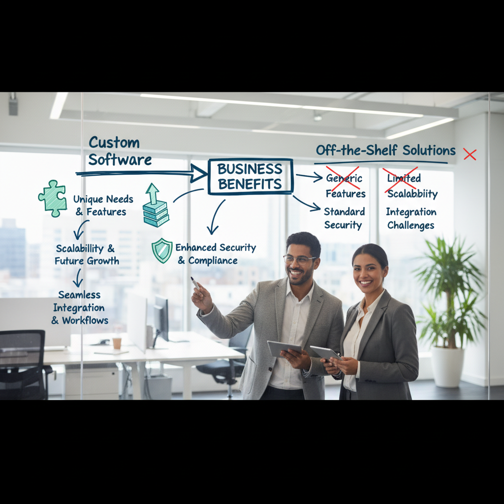 A flowchart illustrating the benefits of custom software development compared to off-the-shelf solutions, showing unique needs, scalability, security, and integration as key advantages.