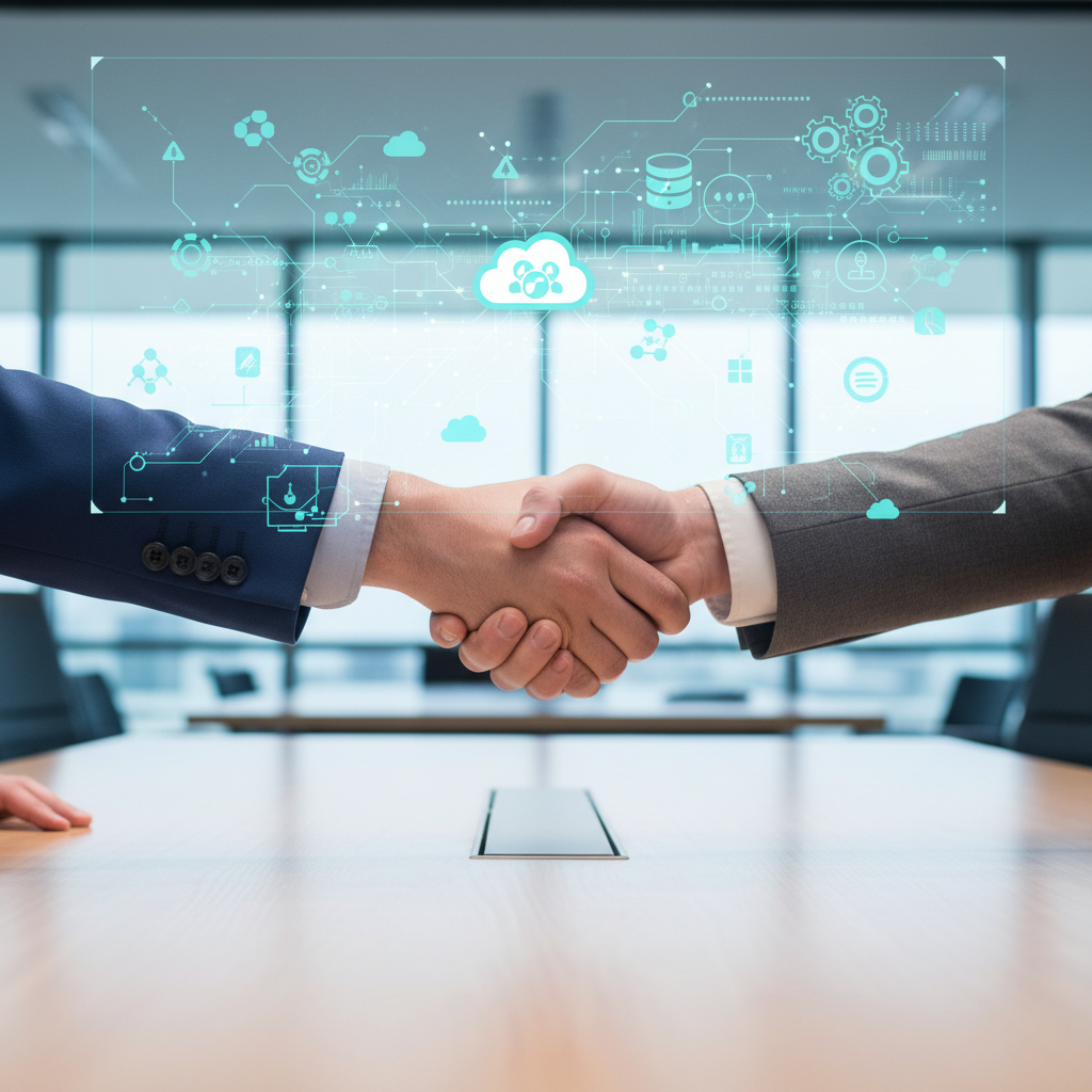 A handshake between a client and a software development agency representative, symbolizing trust and partnership, with technology icons in the background.