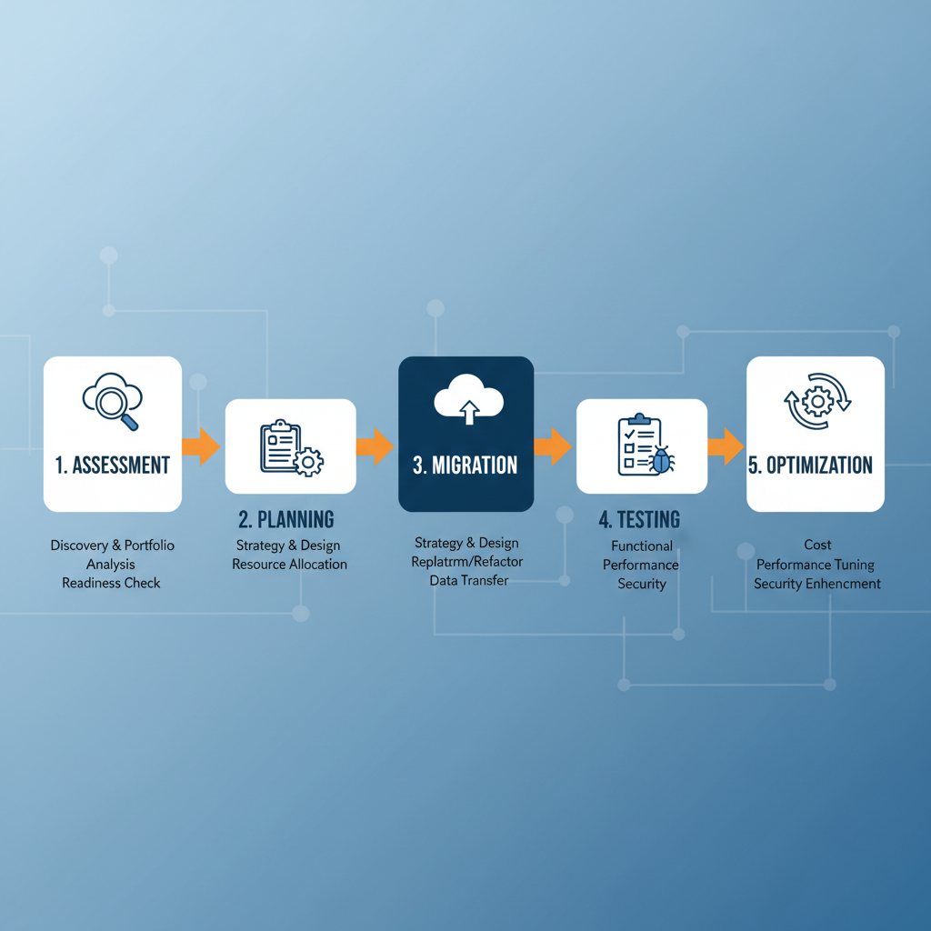 A flowchart illustrating the five key phases of an AWS migration project, with arrows connecting each stage and icons representing assessment, planning, migration, testing, and optimization.