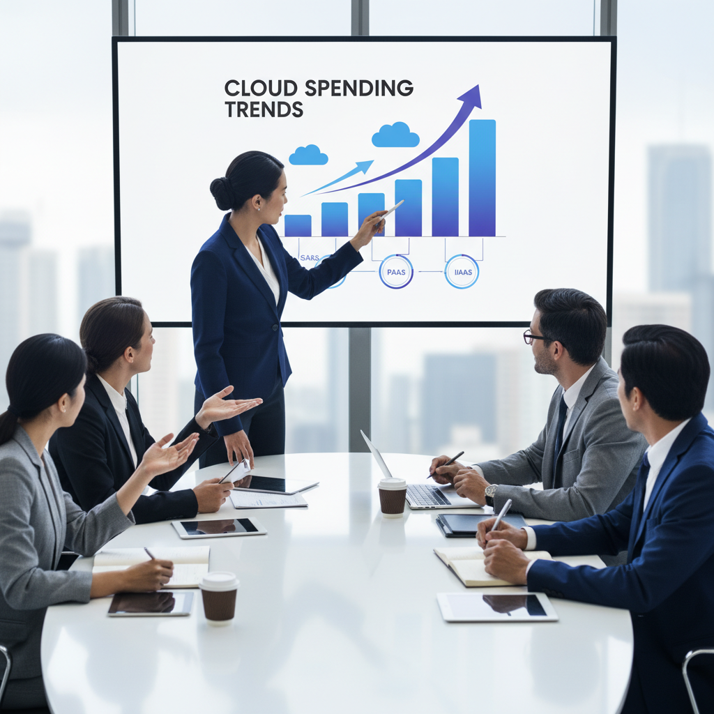 A diverse group of business professionals sitting around a conference table, actively discussing data displayed on a large screen. One person points to a chart showing cloud spending trends, while another takes notes. The atmosphere is collaborative and focused on problem-solving.