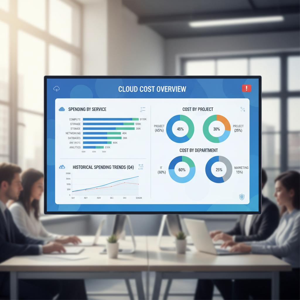 A dashboard displaying various cloud cost metrics. Bar charts show spending by service (e.g., Compute, Storage, Networking), pie charts break down costs by project or department, and line graphs track historical spending trends. Alerts for budget overruns are visible.