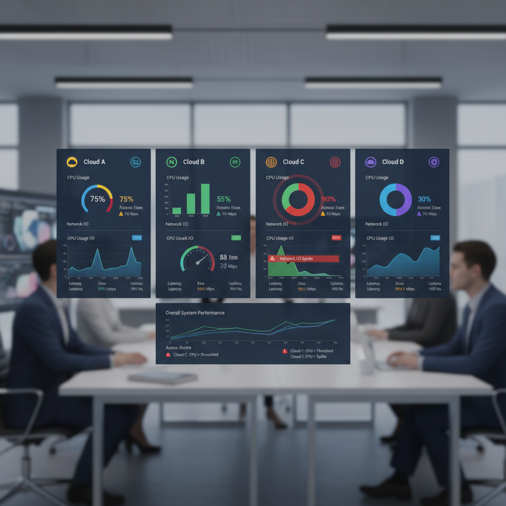 A detailed dashboard showing real-time cloud service metrics like CPU usage, network I/O, latency, and uptime percentages across multiple cloud providers, with configurable alert thresholds highlighted.