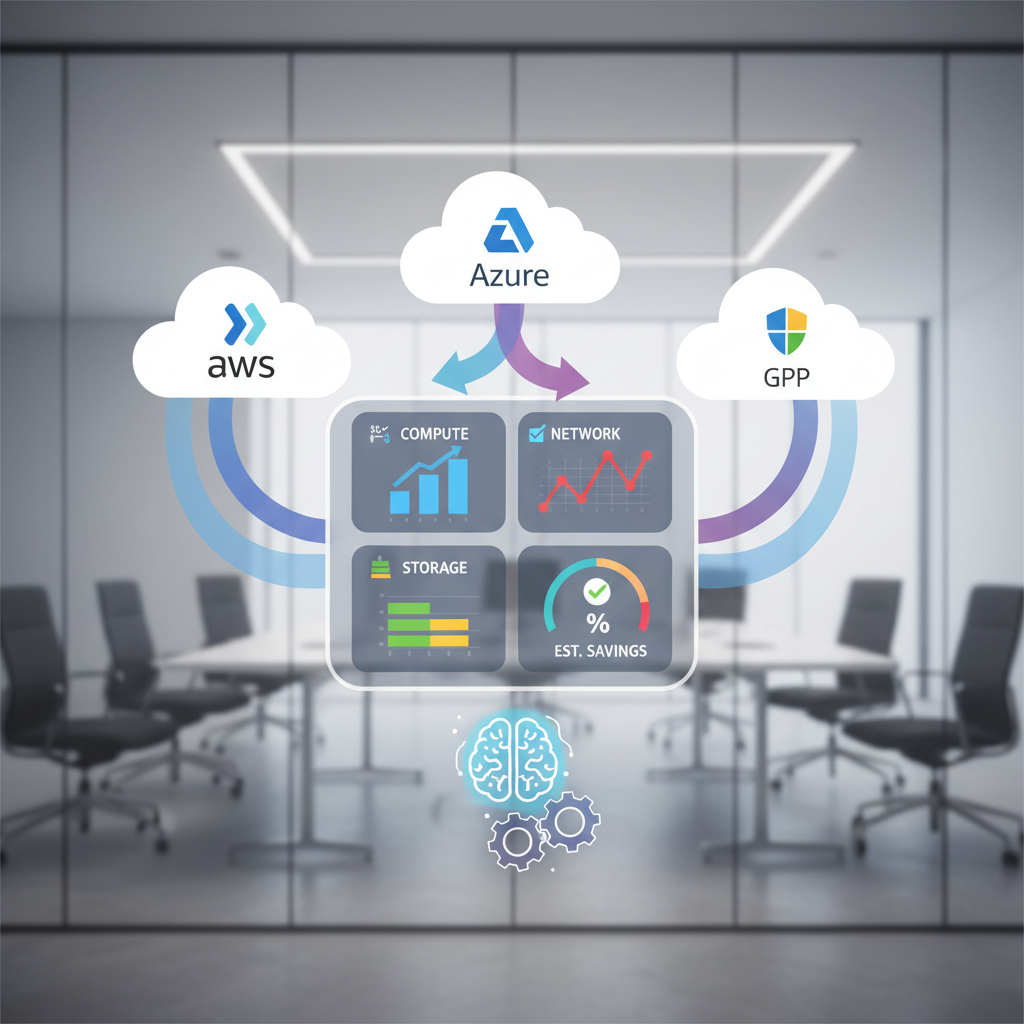 An infographic showing interconnected clouds (AWS, Azure, GCP logos) with arrows pointing to a central dashboard displaying various cost metrics like compute, storage, network, and estimated savings, illustrating centralized multi-cloud cost visibility.