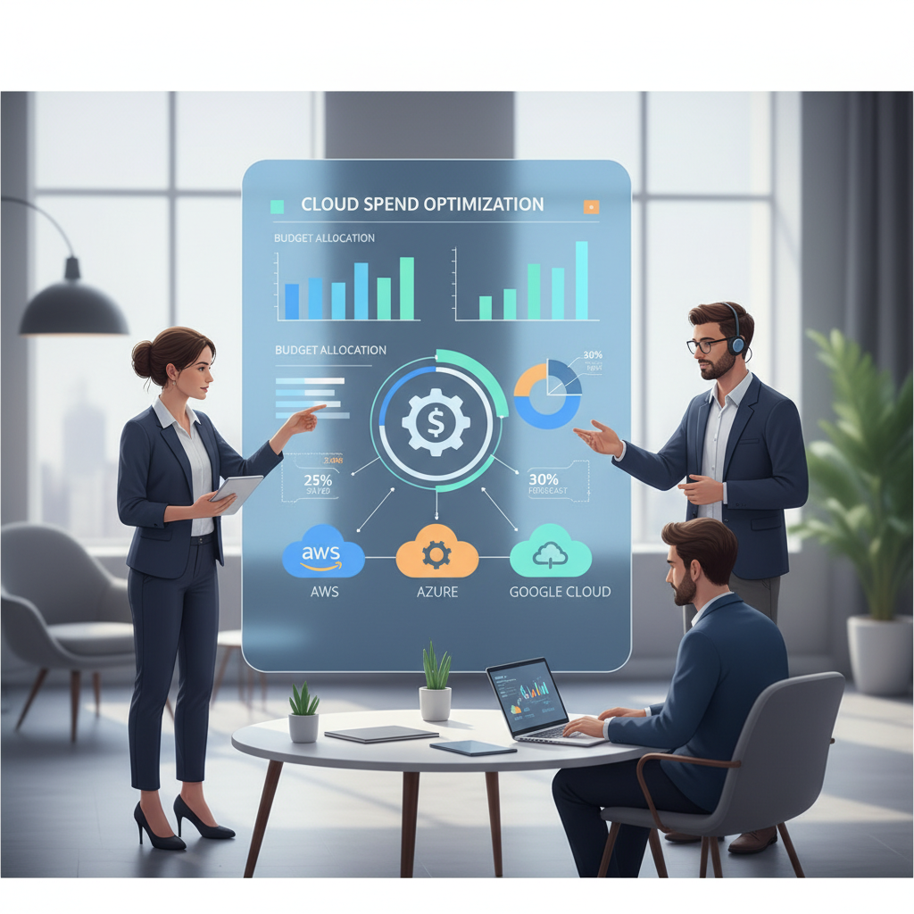 A diverse team of professionals (finance analyst, cloud architect, software engineer) collaborating around a large screen displaying multi-cloud cost dashboards, representing a FinOps team in action.