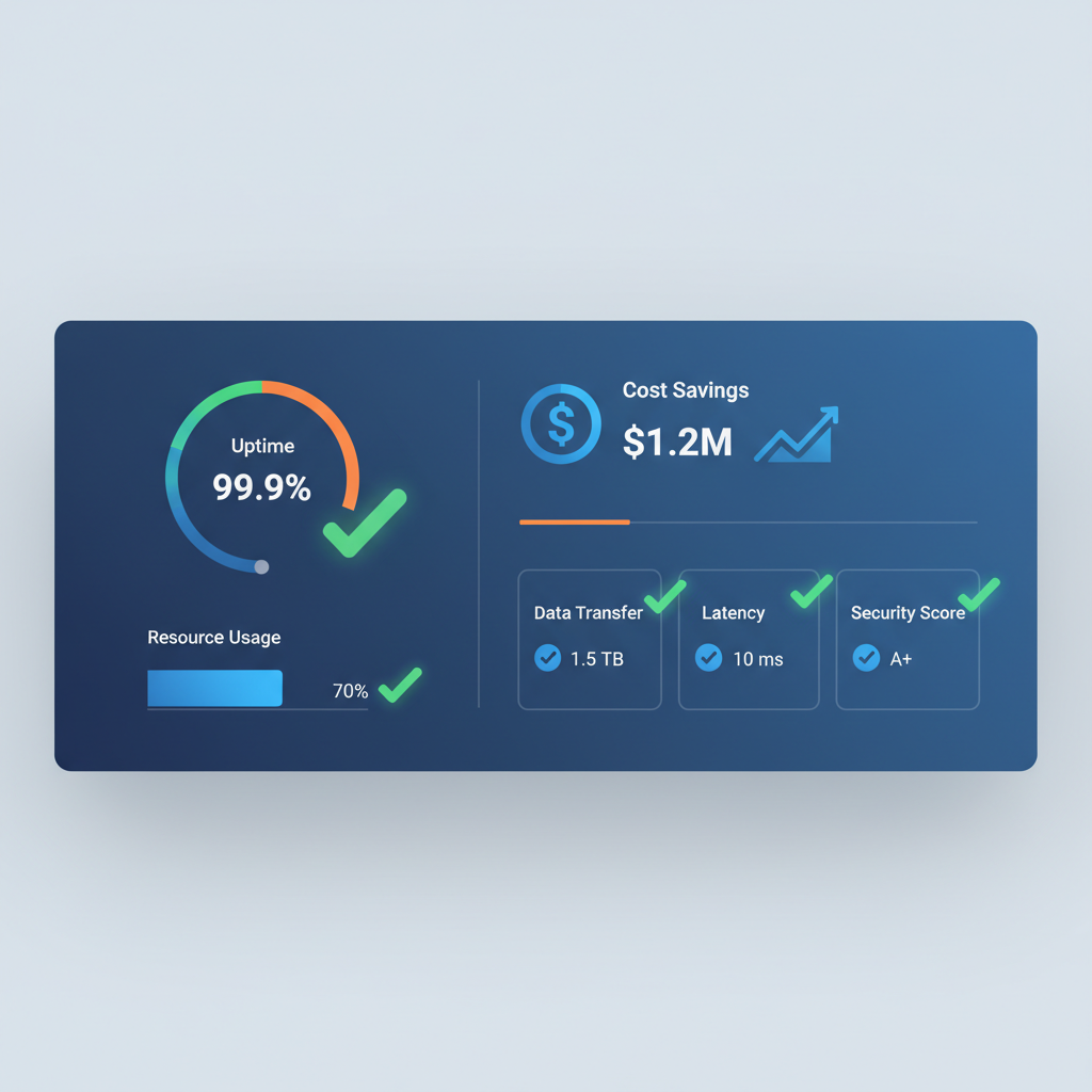A dashboard showing various cloud metrics like uptime, resource usage, and cost savings, with green checkmarks indicating optimal performance.