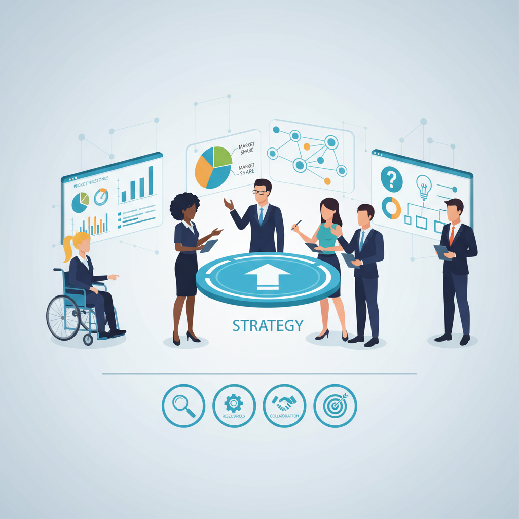 A diverse team of business professionals collaborating, ideating, and presenting, showing focus on strategic work rather than technical troubleshooting.