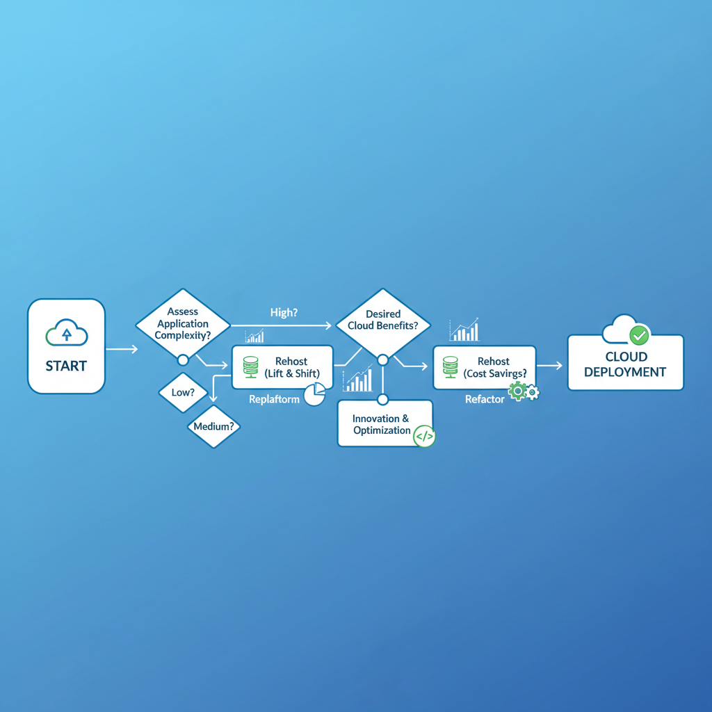 A flowchart illustrating the decision-making process for cloud migration strategies, showing paths for rehost, replatform, and refactor based on application complexity and desired cloud benefits.