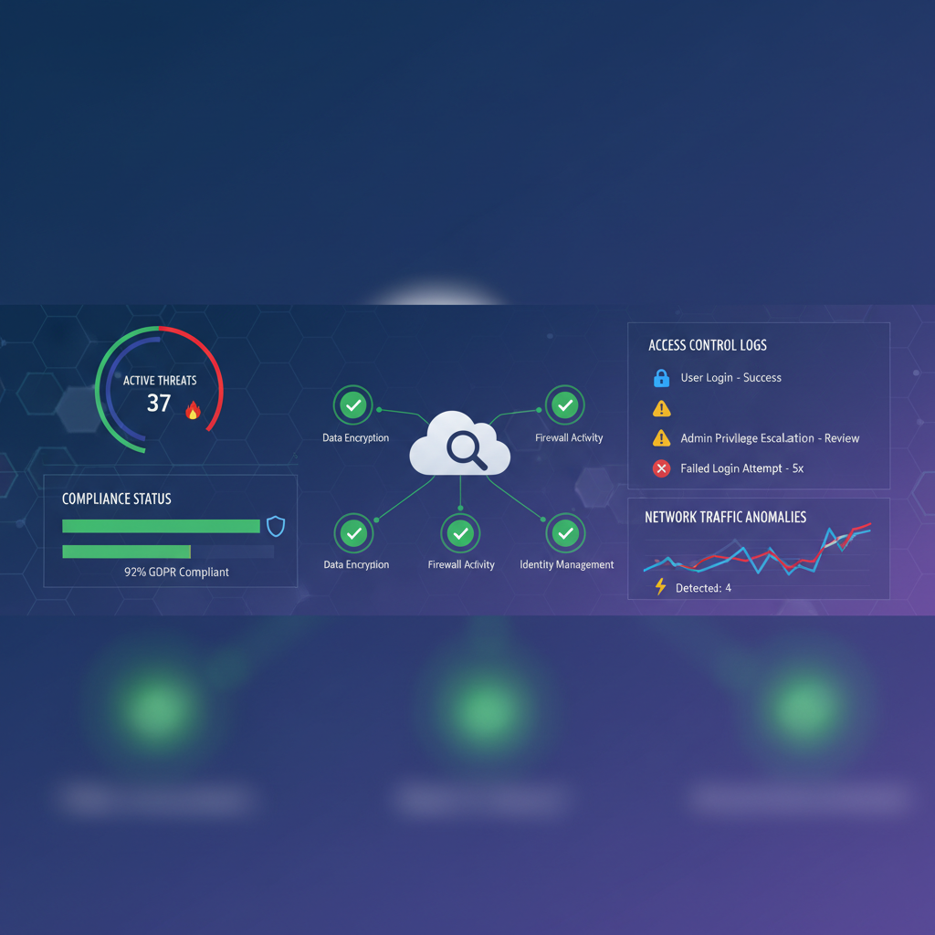 A dashboard showing various cloud security metrics like active threats, compliance status, access control logs, and network traffic anomalies.