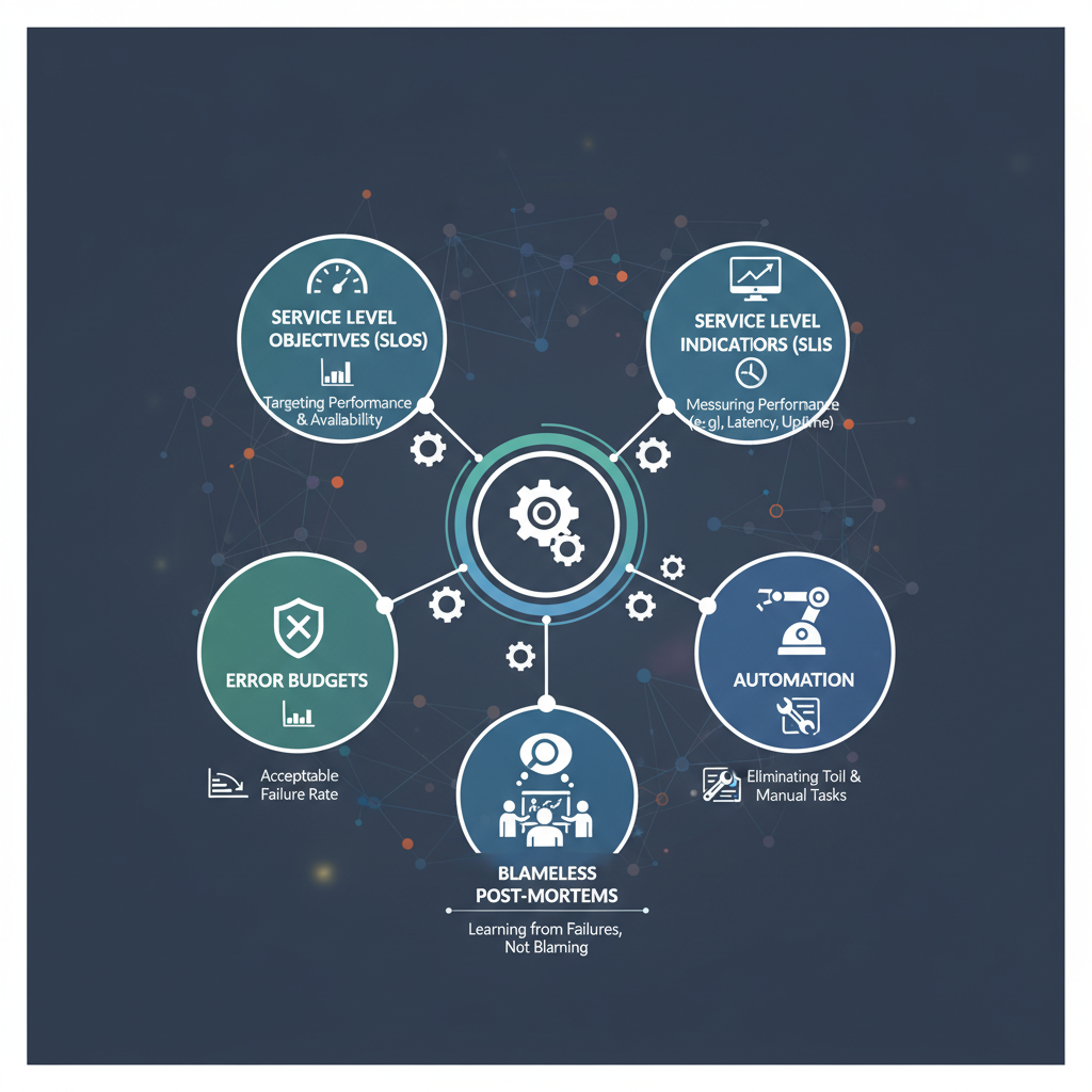 An infographic illustrating the core principles of Site Reliability Engineering (SRE), including SLOs, SLIs, error budgets, automation, and blameless post-mortems, with a focus on improving system reliability.