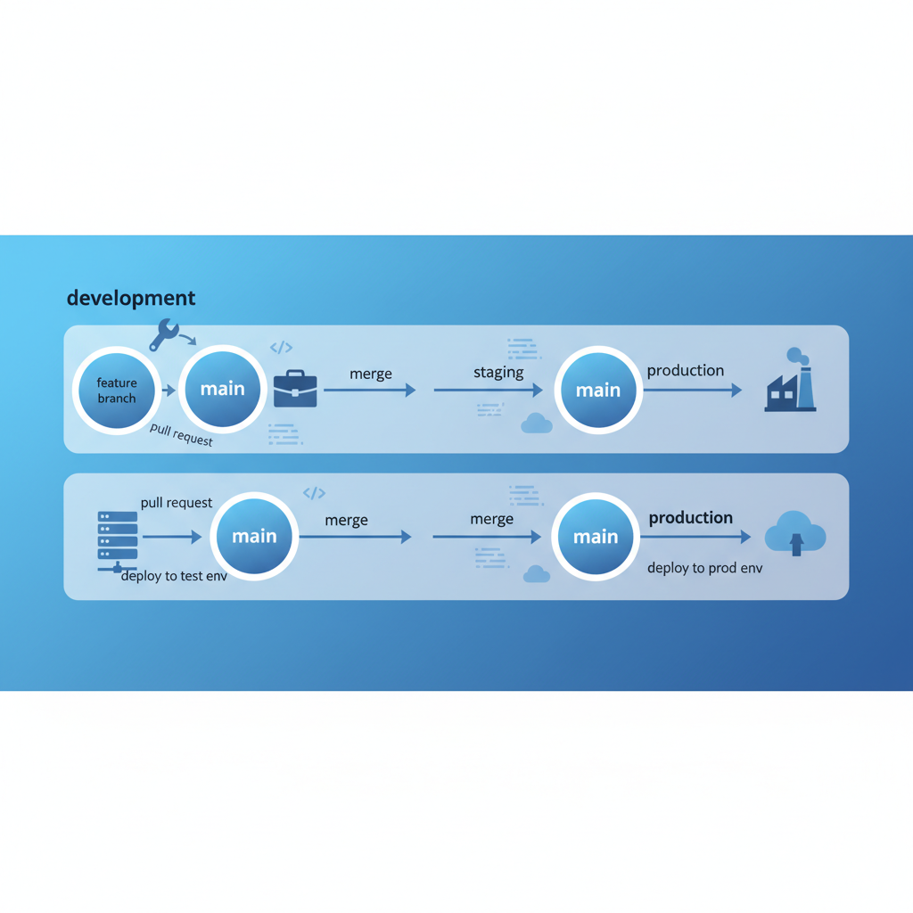 A diagram showing a Git workflow for IaC, with branches for development, staging, and production, and arrows indicating merges and pull requests.