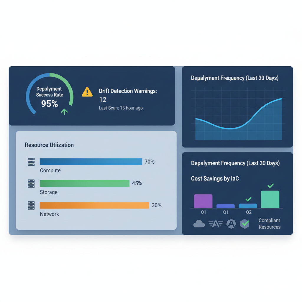 A dashboard showing various IaC metrics, including deployment success rates, drift detection warnings, and resource utilization graphs.
