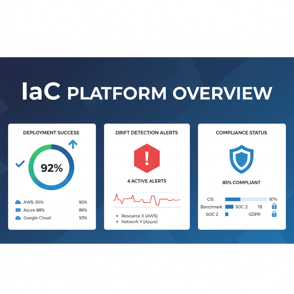 A dashboard displaying various IaC metrics, including deployment success rates, drift detection alerts, and compliance status across different cloud environments.