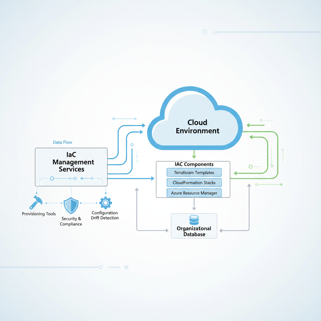 A detailed architectural diagram illustrating the integration of iac management services with an organization's cloud environment, showing data flow and key IaC components.