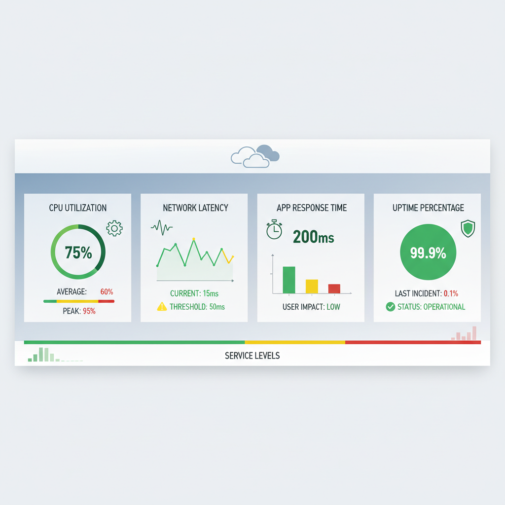 A dashboard showing various cloud service performance metrics like CPU utilization, network latency, application response time, and uptime percentage, with green, yellow, and red indicators for different service levels.