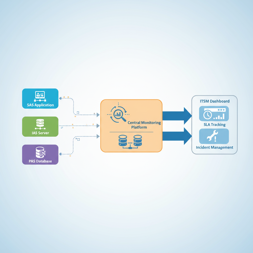 A diagram illustrating the flow of data from various cloud services (e.g., SaaS application, IaaS server, PaaS database) through a central monitoring platform, which then feeds into an ITSM dashboard for SLA tracking and incident management.