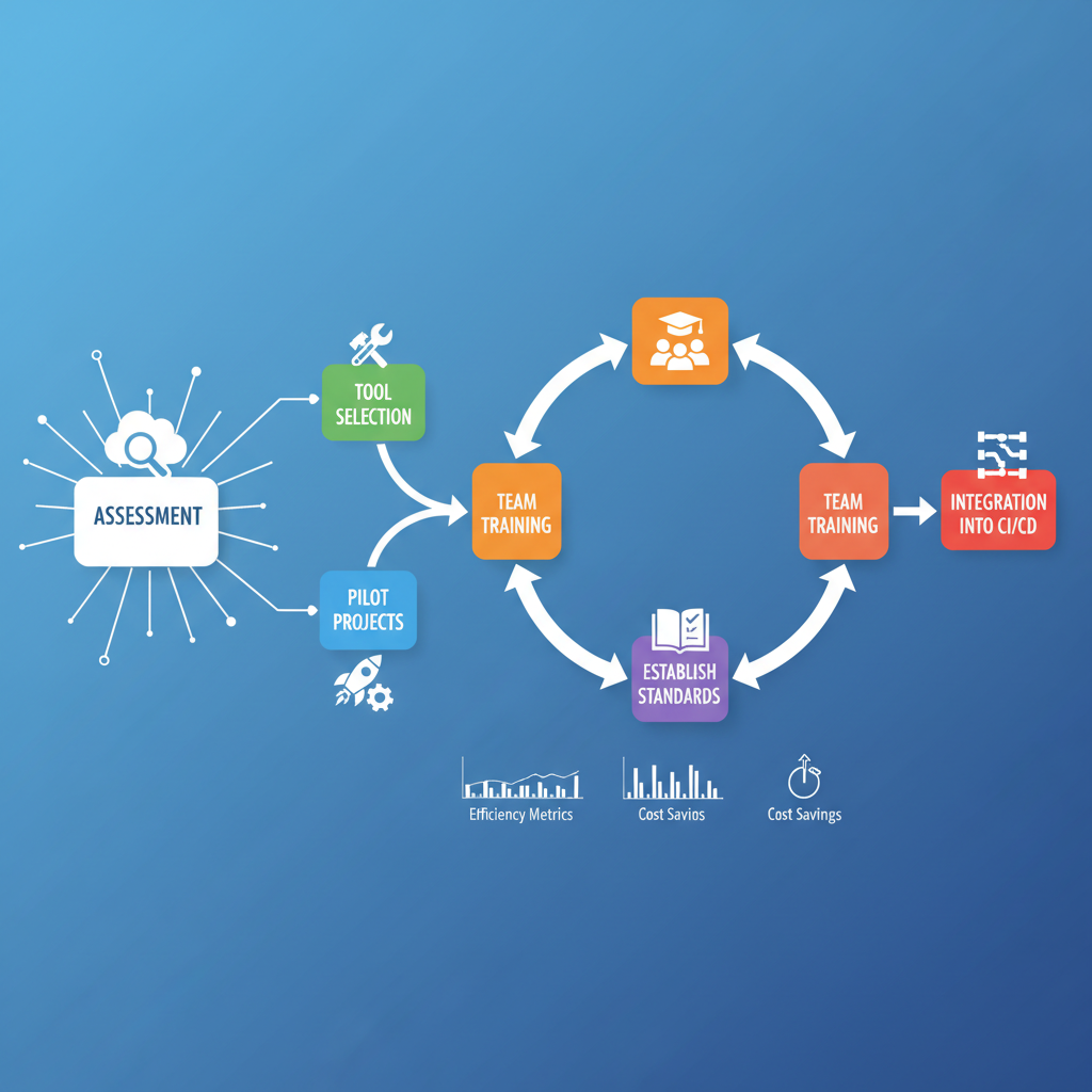 A diagram showing a workflow for IaC strategy development, starting with assessment, moving through tool selection, pilot projects, establishing standards, team training, and integration into CI/CD pipelines.