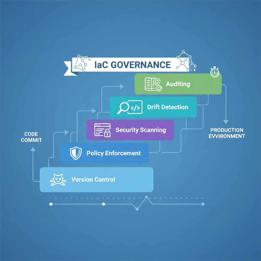 A conceptual diagram illustrating IaC governance layers, including version control, policy enforcement, security scanning, drift detection, and auditing.