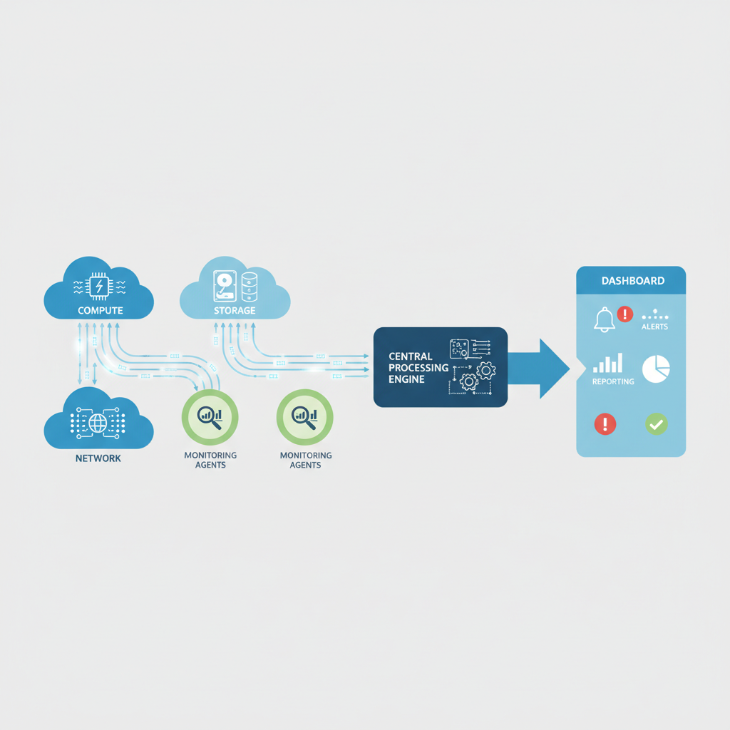 A diagram showing data flow from multiple cloud services (compute, storage, network) through monitoring agents, a central processing engine, and finally to a dashboard for alerts and reporting.