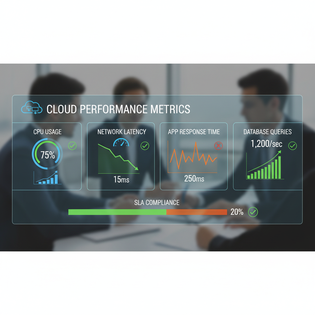 A dashboard showing various cloud performance metrics like CPU usage, network latency, application response time, and database queries, with clear green/red indicators for SLA compliance.