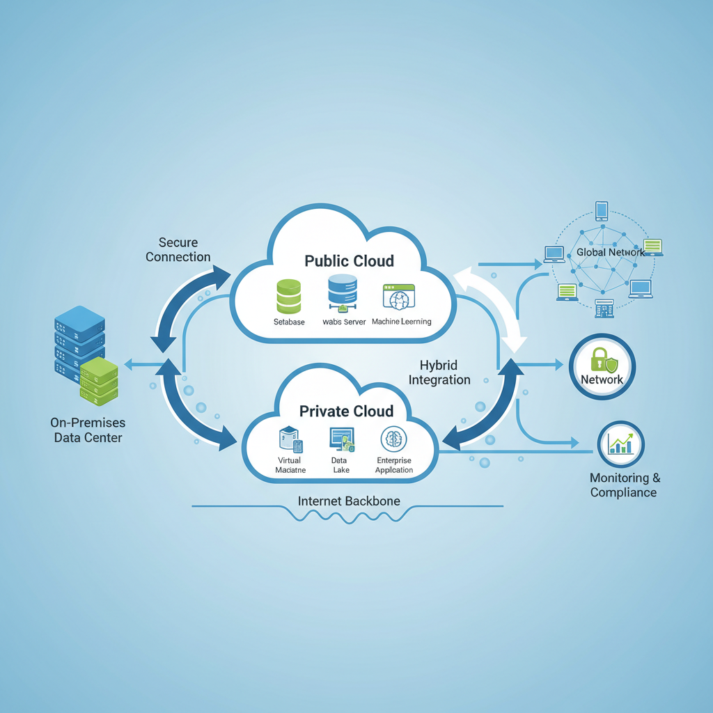 A diagram showing various interconnected cloud services, servers, and networks, illustrating the complexity of modern IT infrastructure. Arrows indicate data flow and dependencies.