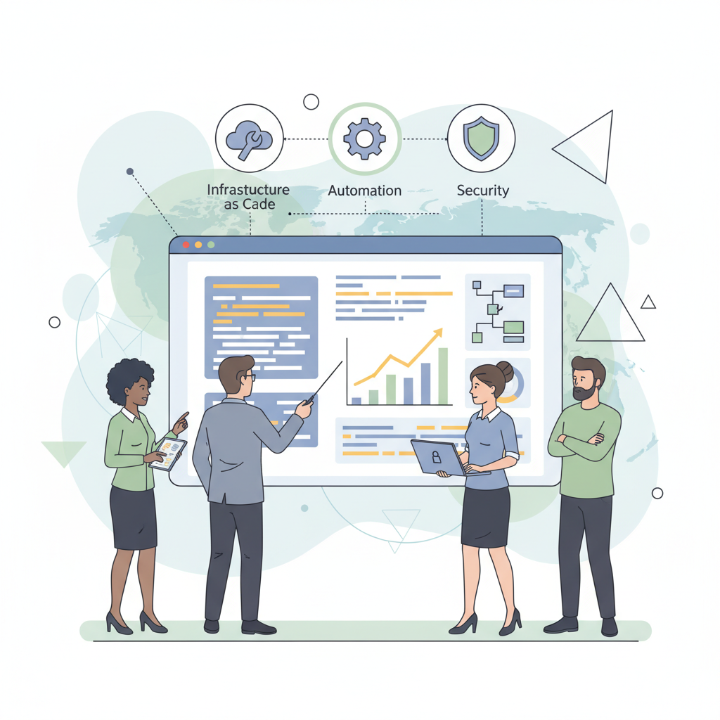 A group of diverse professionals collaboratively analyzing code on a computer screen, symbolizing expert consultation and teamwork in IaC development.