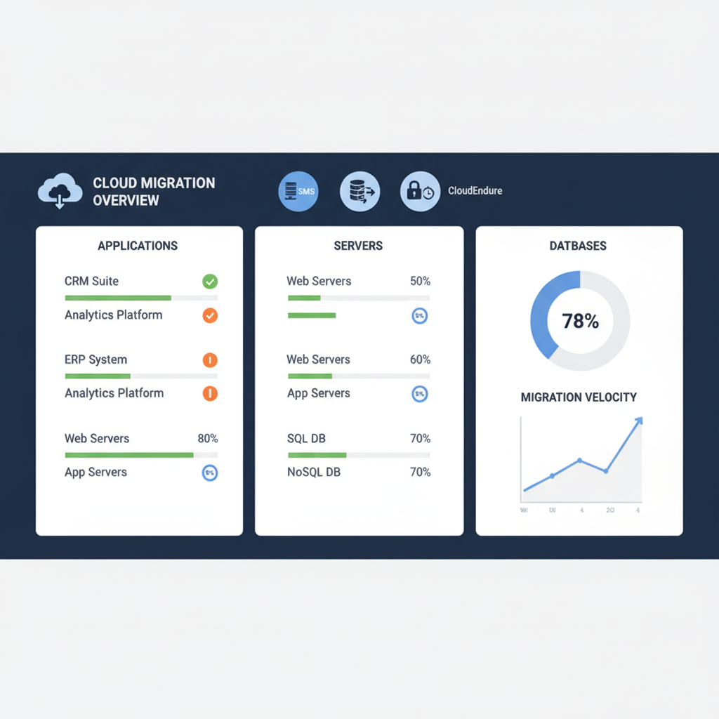 A dashboard showing a centralized view of migration progress with various applications, servers, and databases listed, each with a status bar indicating completion percentage. Icons for different AWS migration services like SMS, DMS, and CloudEndure are visible.